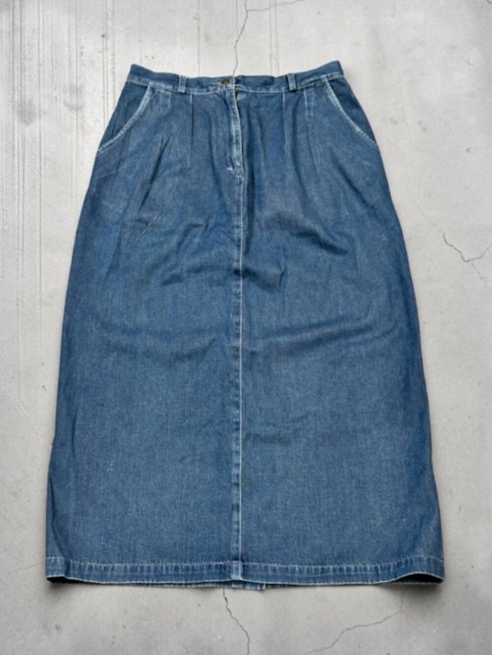 VTG Bechamel Denim Long MAXI Skirt 12 High Waist Pleated Modest 80s 90s Cotton